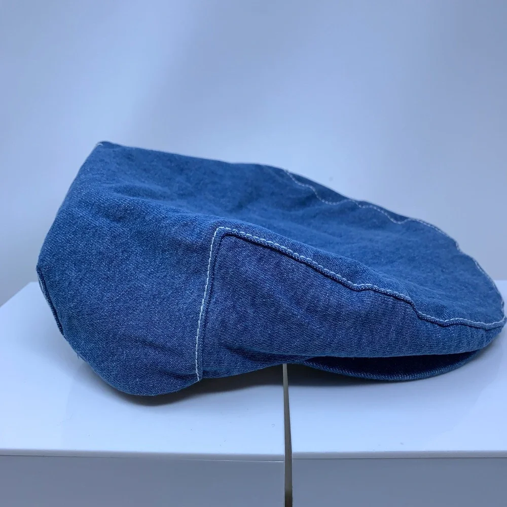 True Religion Mens OS Blue Denim Horseshoe Logo Newsboy Flat Cap Hat
